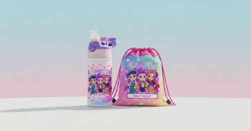 Kit Huntrix: Botella Agua Demon Hunters K Pop Personalizada + Mochila Morral Colegio Personalizada
