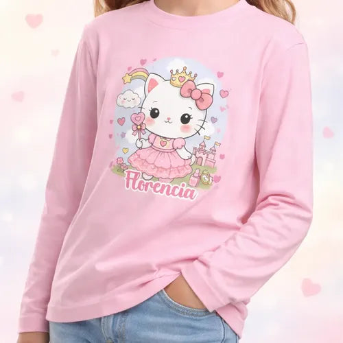 Polera Gatita Unicornio Kawai Personalizada Niña Manga Larga