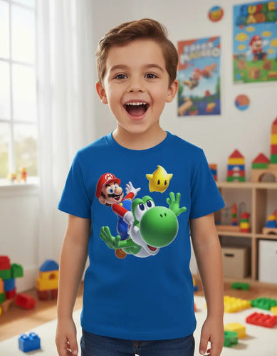 Polera Color Algodón 100% Niños Mario Bros Yoshi Estrella