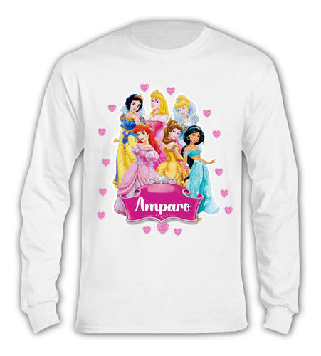 Polera Manga Larga Princesas Personalizada Niña 100% Algodón