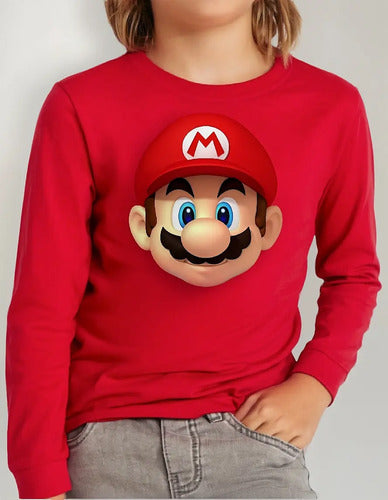 Polera Manga Larga Algodón Niños Mario Bros Cara