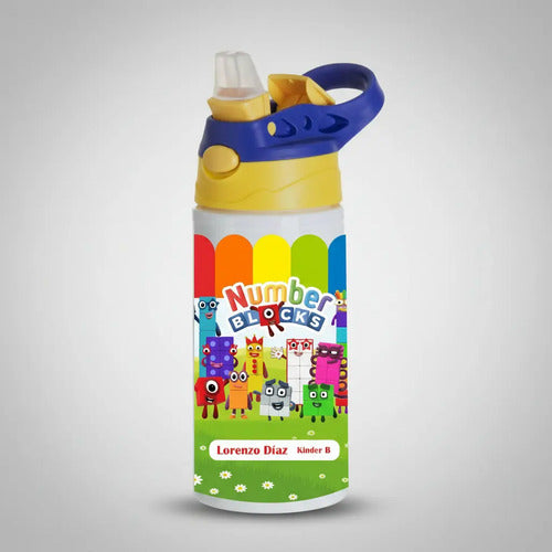 Botella Agua Colegio Number Blocks Personalizada Niños Blanco