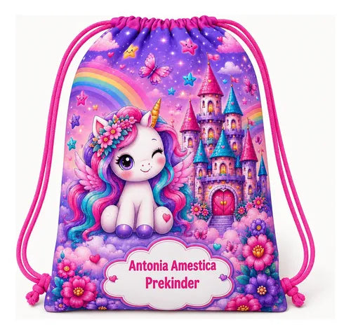 Mochila Morral Unicornio 2 Bolsa Colegio Personalizada D1 Fucsia Estampado