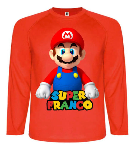 Polera Mario Bros Manga Larga Personalizada Niños Algodon