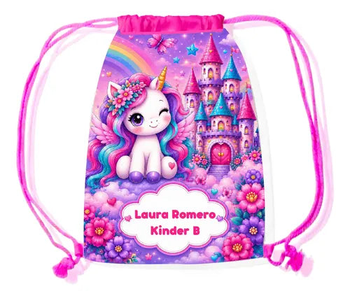 Mochila Morral Unicornio 2 Bolsa Colegio Personalizada D1 Fucsia Estampado