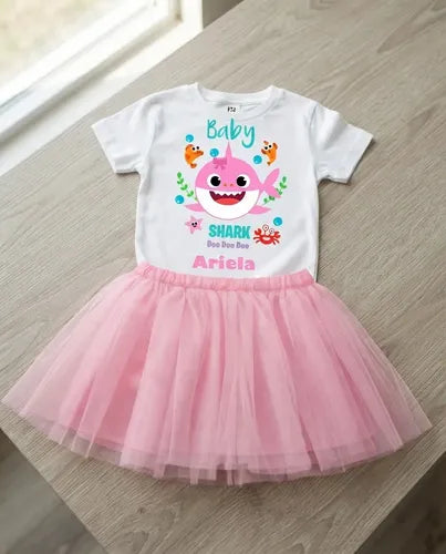 Conjunto Baby Shark Niña Polera Tutu Cumpleaños Disfraz