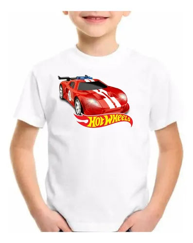 Polera Color Algodón 100% Niños Auto Rojo Hot Wheels