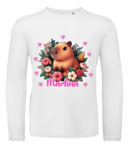 Polera Larga Capibara Personalizada Niñas Algodón Flores