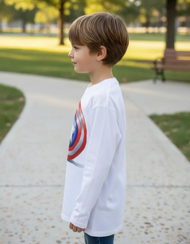Camiseta Polar Manga Larga Polera Niño Capitan America Escud