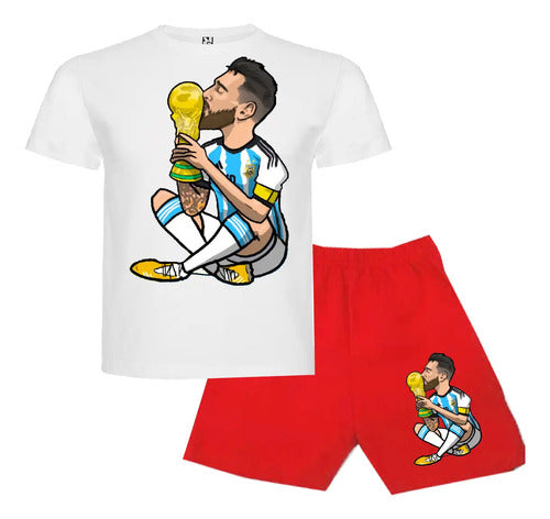 Pijama Corto Niñoss Algodon Messi Campeón Mundo 2 Estrellas