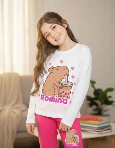 Pijama Largo Capibara Capybara Niñas Personalizado Algodon