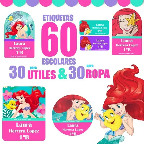 Etiquetas Escolares Personalizadas Ariel La Sirenita  Fucsia