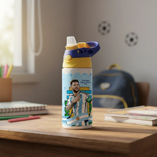 Botella Agua Colegio Messi Futbol Personalizada Niños Blanco