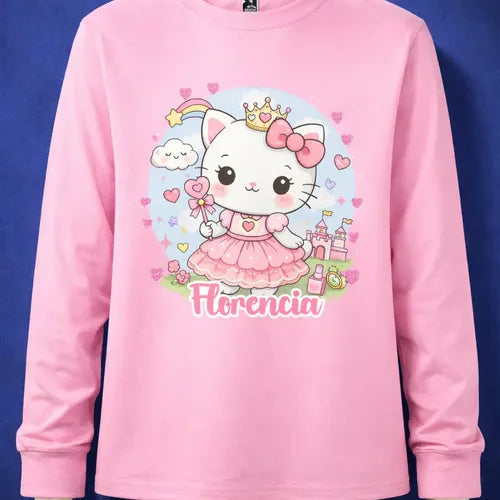 Polera Gatita Unicornio Kawai Personalizada Niña Manga Larga