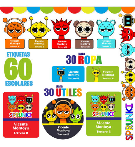 Etiquetas Escolares Personalizadas Sprunki Utiles Ropa Multicolor Personajes Animados (caras Coloridas)