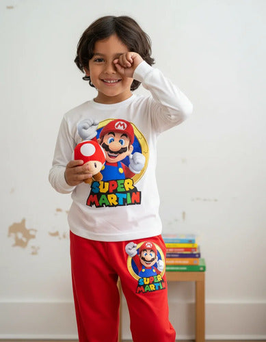 Pijama Largo Mario Bros 1 Personalizado 100% Algodón Niños