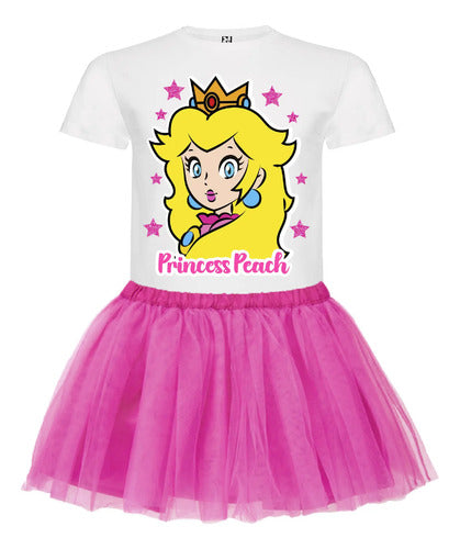 Disfraz Vestido Princesa Peach Personalizado Polera + Tutú Niñas Detalles Glitter Cumpleaños