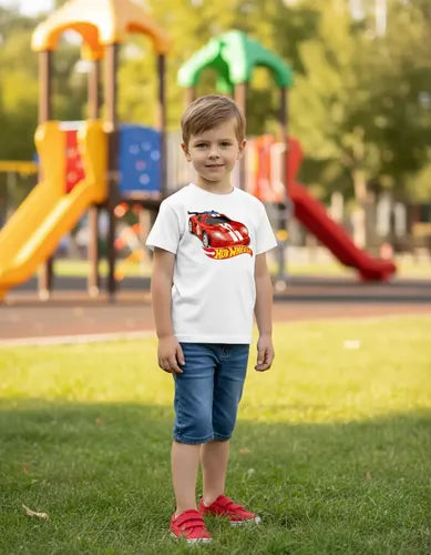 Polera Color Algodón 100% Niños Auto Rojo Hot Wheels