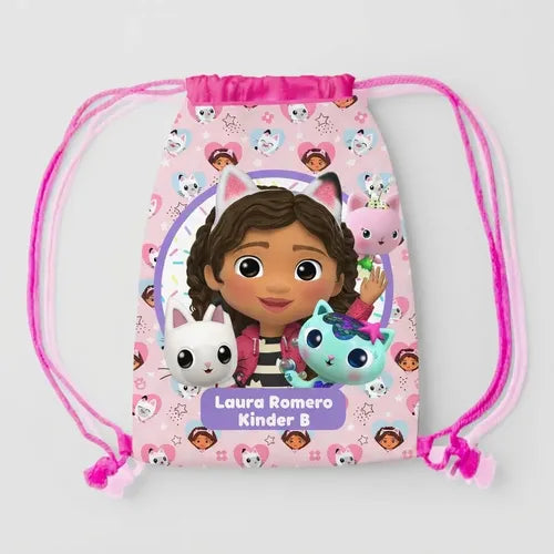 Mochila Morral La Casa De Gabby Bolsa Tela Colegio Jardin Fucsia Estampado