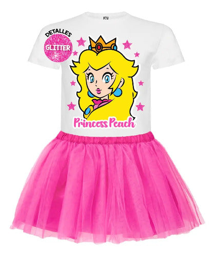 Disfraz Vestido Princesa Peach  Polera + Tutú Niñas Detalles Glitter