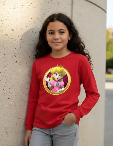 Polera Manga Larga Algodón Niñas Princesa Peach