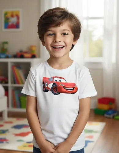 Polera Color Algodón 100% Niños Auto Rojo Rayo
