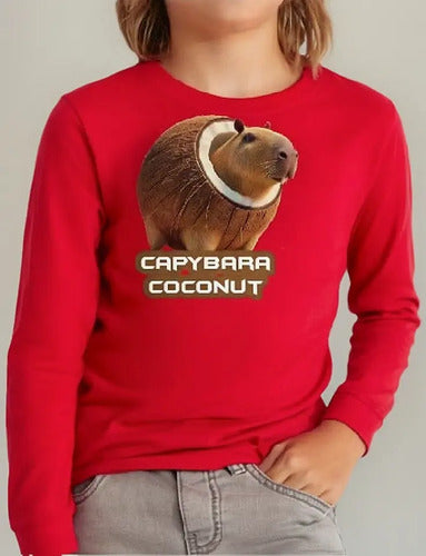 Polera Manga Larga Algodón Niños Capibara Coconut Brainrot