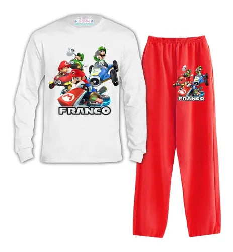 Pijama Largo Mario Kart 2 Personalizado 100% Algodón Niños