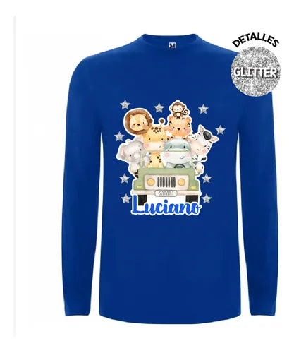 Polera Animales Safari Personalizada Niños Manga Larga