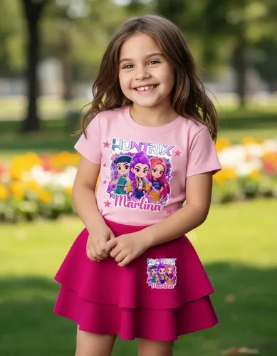 Polera Niña Falda Short Huntrix Personalizada Guerreras Kpop