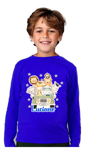 Polera Animales Safari Personalizada Niños Manga Larga