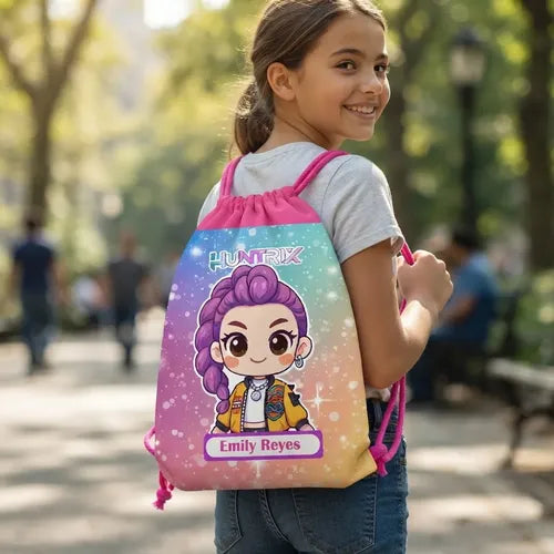 Mochila Morral Rumi Huntrix Bolsa Colegio Personalizada Fucsia Estampado