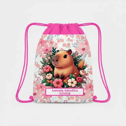 Mochila Morral Capibara  Personalizada Bolsa Tela Colegio Fucsia Estampado