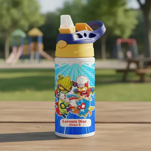 Botella Agua Colegio Super Zing Personalizada Niños Blanco