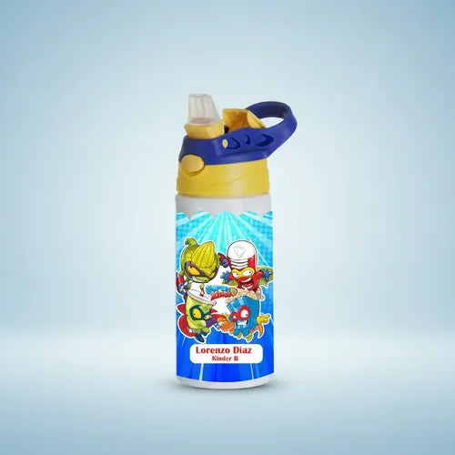 Botella Agua Colegio Super Zing Personalizada Niños Blanco