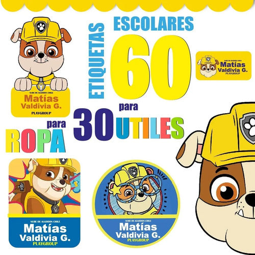 Etiquetas Escolares Pesonalizadas Rubble Paw Patrol