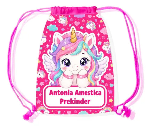 Mochila Morral Tela Unicornio Personalizada Colegio Jardin Fucsia Estampado