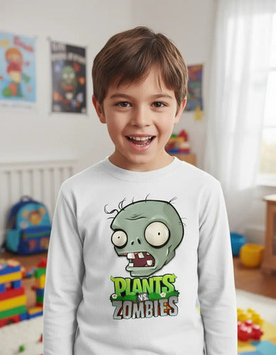 Camiseta Polar Manga Larga Polera Niño Plantas Vs Zombies
