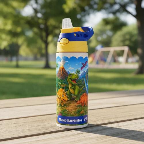 Botella De Agua Para Niños Personalizada Dinosaurios Niños Blanco
