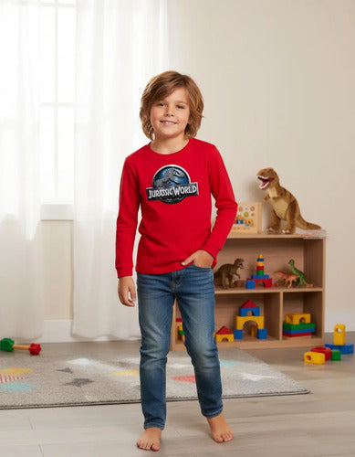 Polera Manga Larga Algodón Niños Jurassic World Dinosaurios