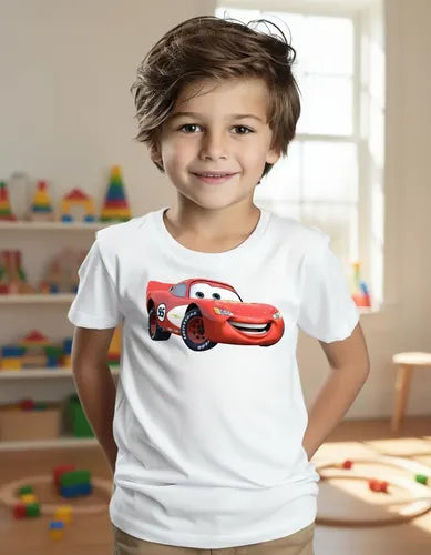Polera Color Algodón 100% Niños Auto Rojo Rayo