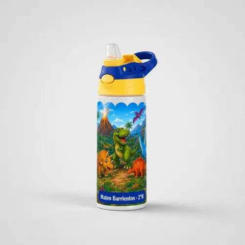 Botella De Agua Para Niños Personalizada Dinosaurios Niños Blanco