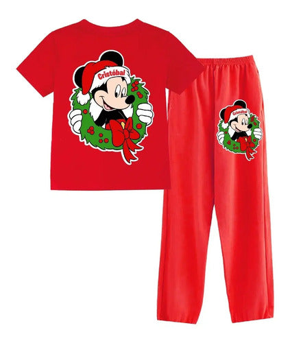 Pijama Largo Mickey Navidad Niños Personalizado Algodón