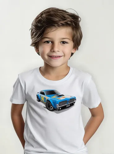 Polera Color Algodón 100% Niños Auto Azul Clásico Hot