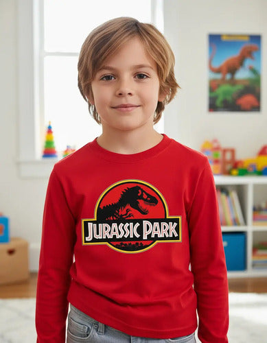 Polera Manga Larga Algodón Niños Jurassic Park Dinosaurios