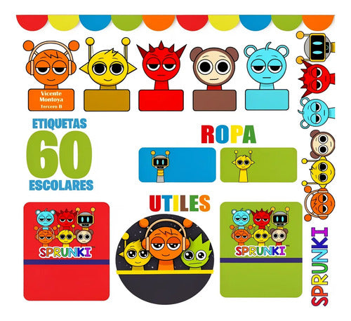 Etiquetas Escolares Personalizadas Sprunki Utiles Ropa Multicolor Personajes Animados (caras Coloridas)