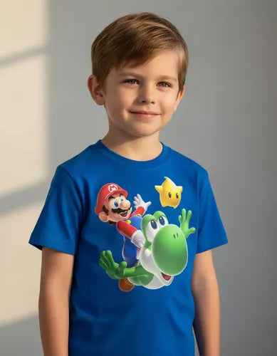 Polera Color Algodón 100% Niños Mario Bros Yoshi Estrella