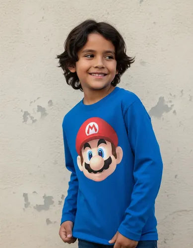 Polera Manga Larga Algodón Niños Mario Bros Cara