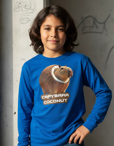 Polera Manga Larga Algodón Niños Capibara Coconut Brainrot