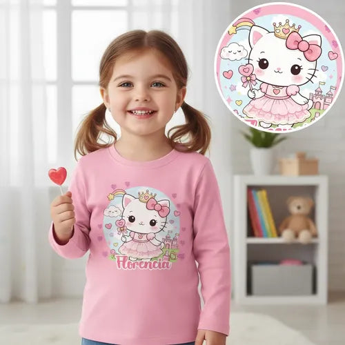 Polera Gatita Unicornio Kawai Personalizada Niña Manga Larga
